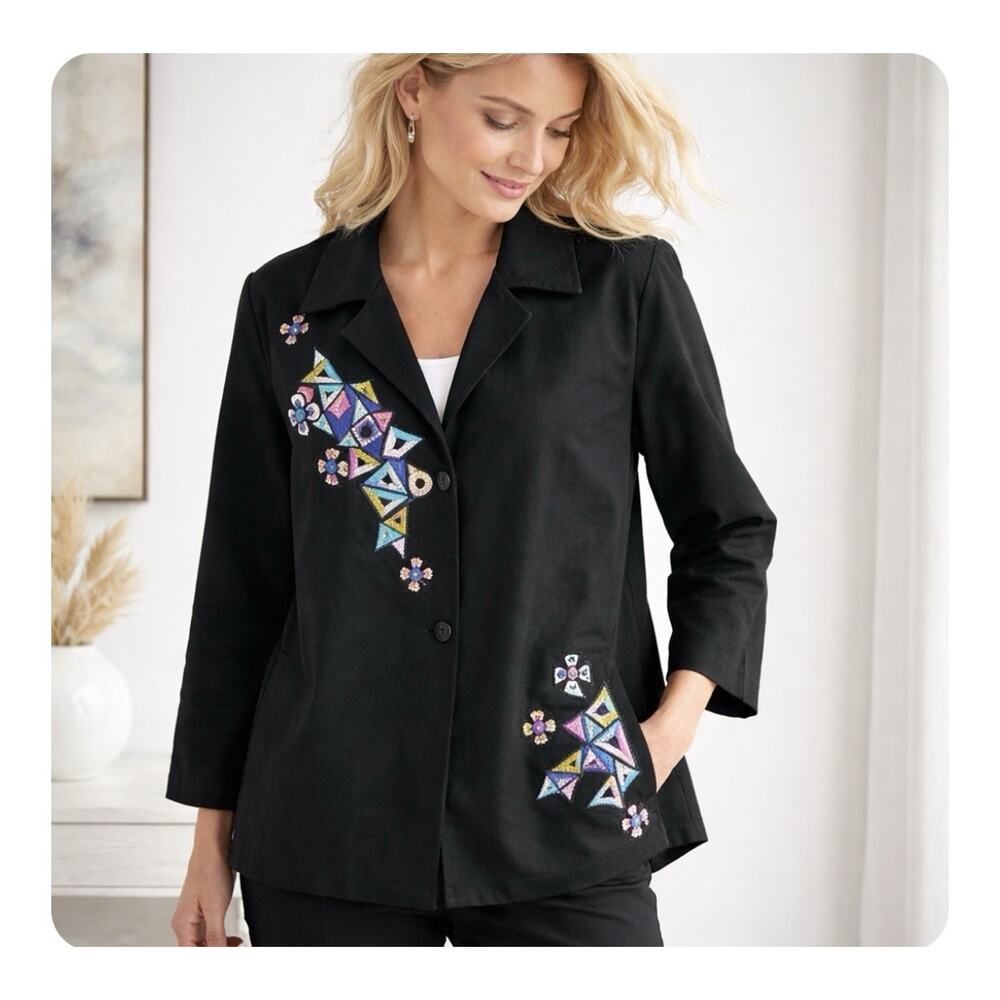 Vintage Bob Mackie Sz XL Black Wearable Art Sequined 3D Full Zip 3/4 Slv Jacket